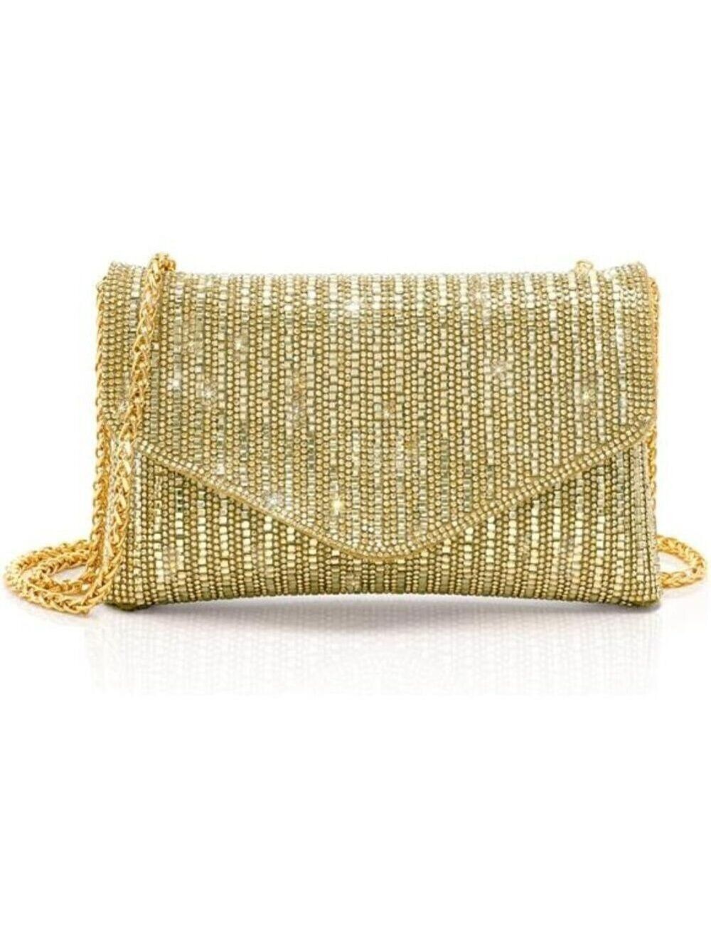 Golden Pearl Rhinestone Bow Flip Clutch Wedding Prom Cocktail Mini Bag